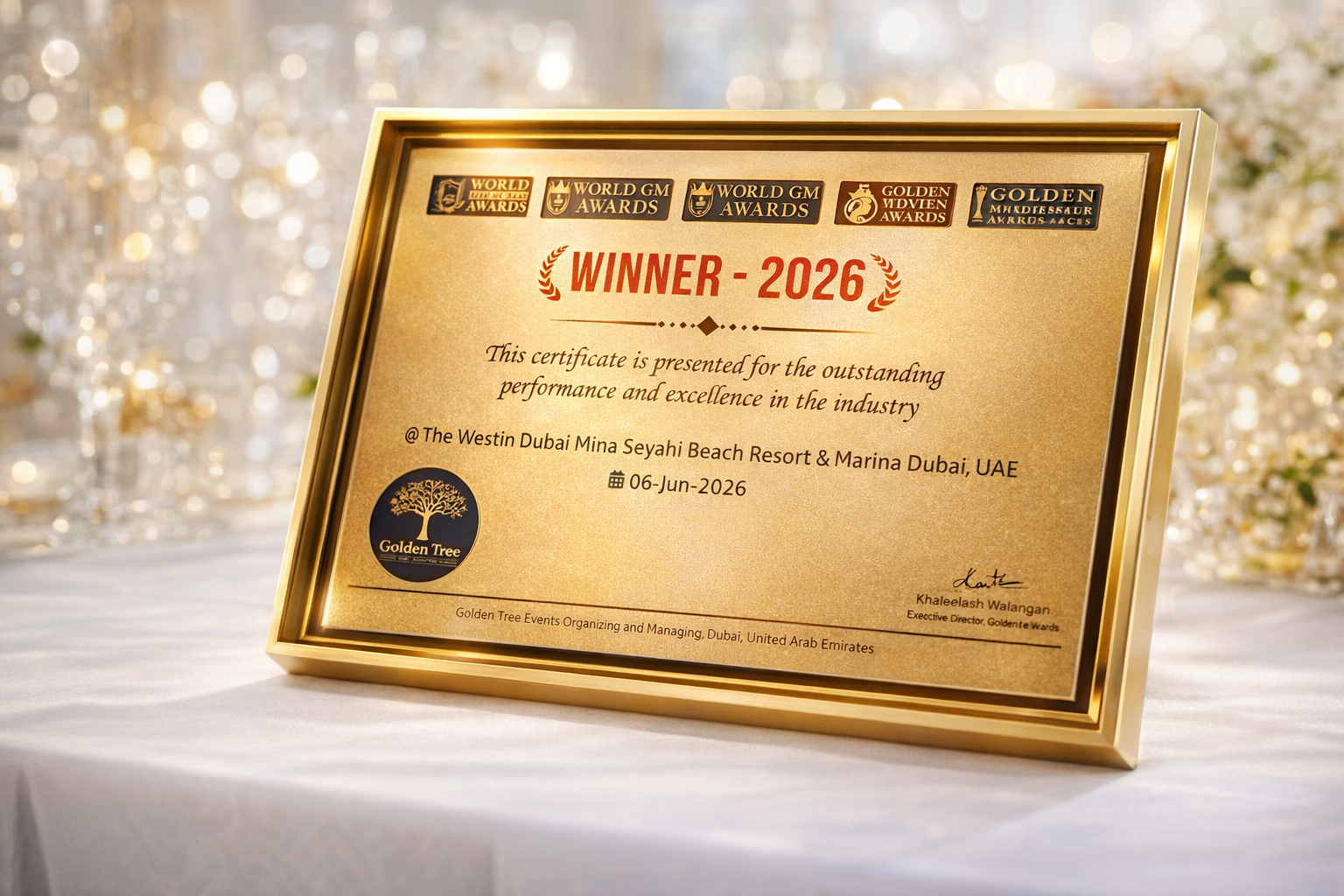World GM Awards gold-framed winner plaque